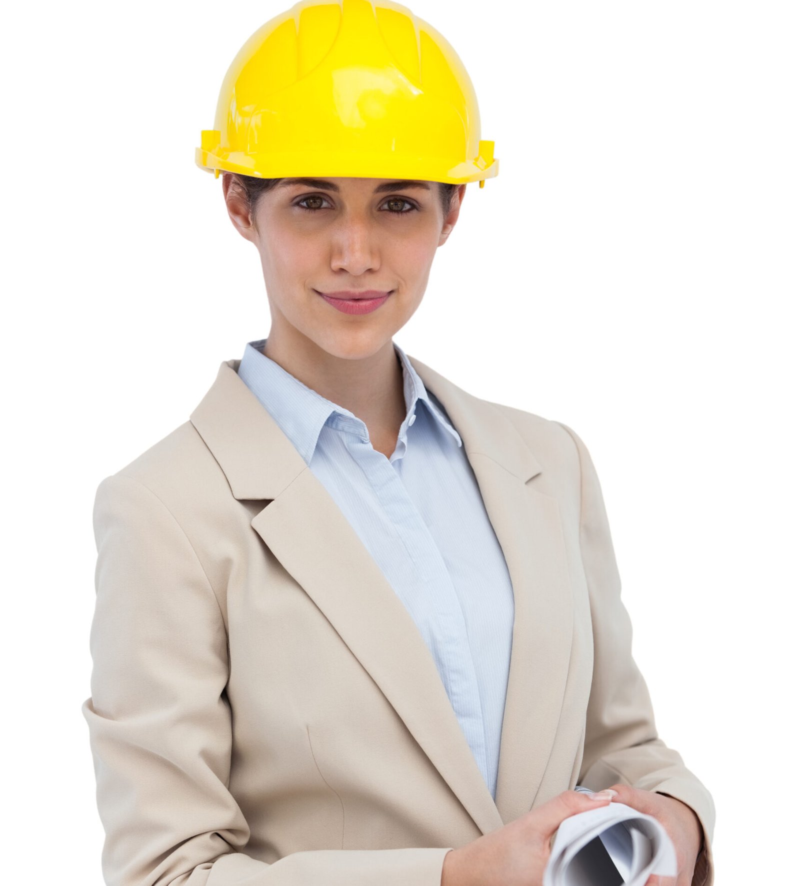 Architect with hard hat holding plan on white background