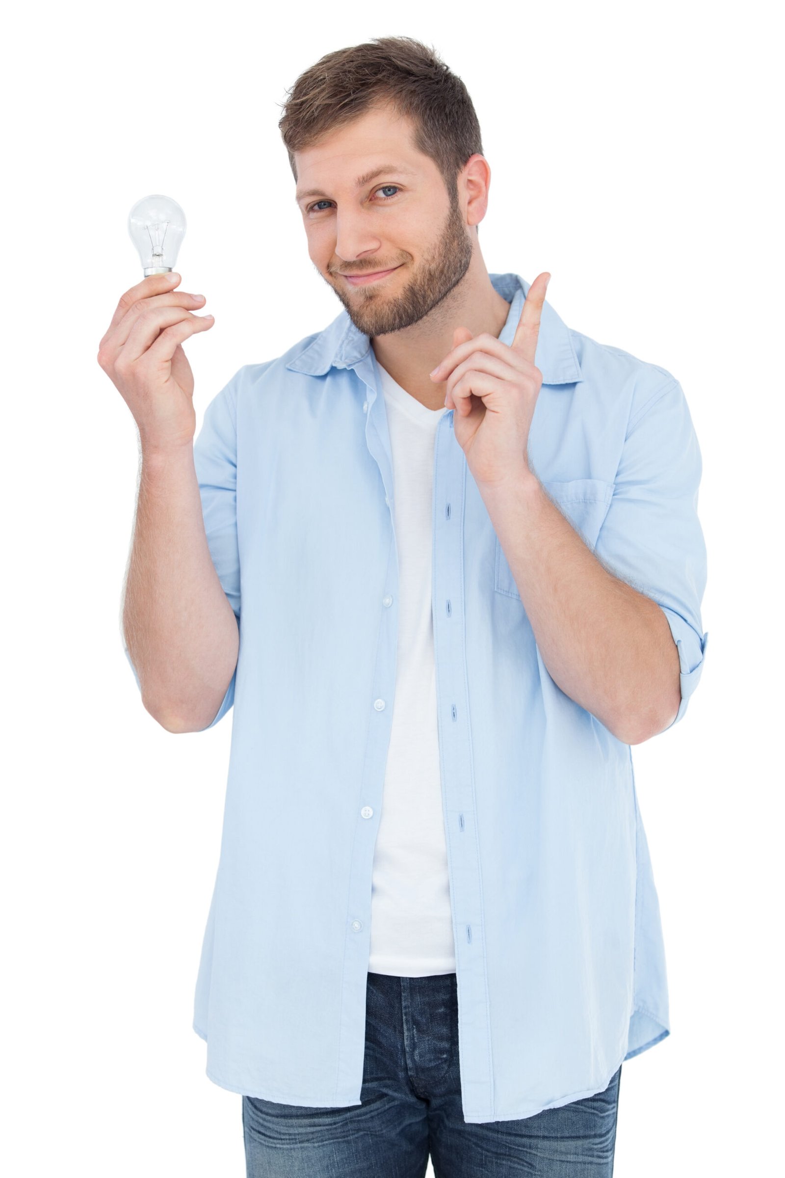 Charming model on white background holding a bulb in right hand on white background
